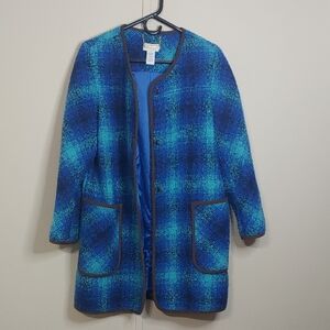 Soft Surroundings Women's Plaid Coat Blue Wool Blend Size Petite Large